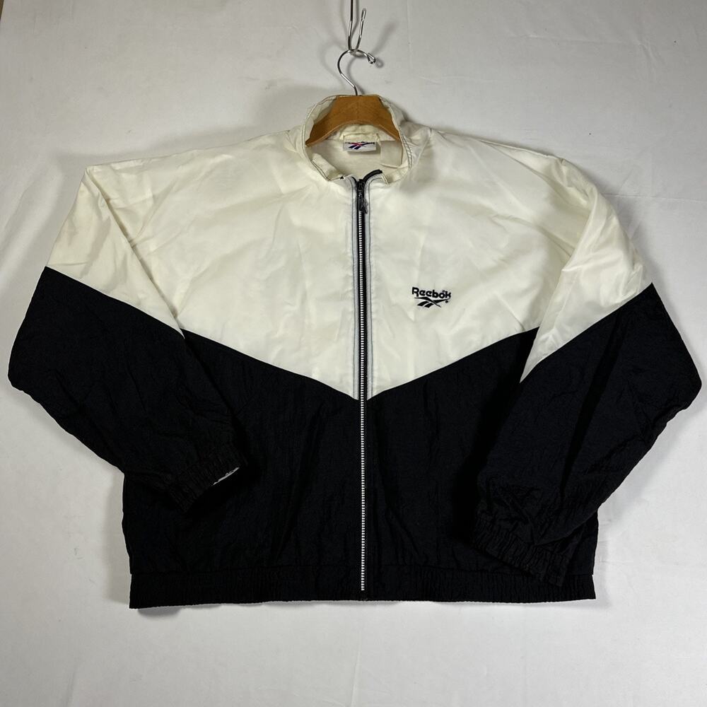 Reebok Nylon White Black Windbreaker Jacket XL Big Back Logo Zip 90's Vintage